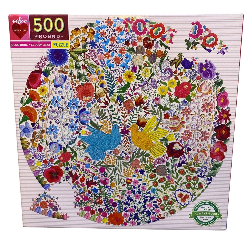Eeboo Blue Bird Yellow Bird 500 Piece Round Jigsaw Puzzle Women‎ Owned